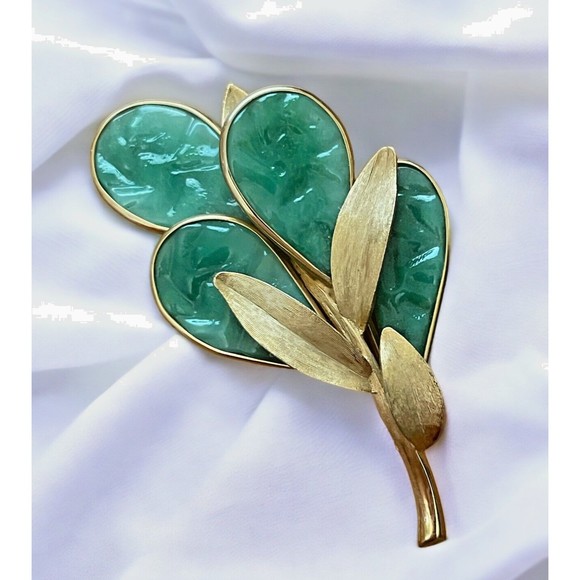 Vintage French Gripoix Brooch Mid Century Estate Poured Glass Leaves Iridescent - Picture 1 of 8